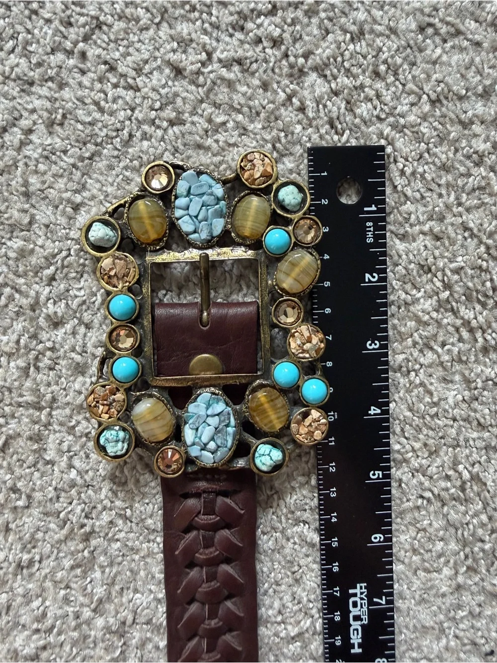 Leatherock USA Brown Woven Boho Stone Buckle Statement Belt